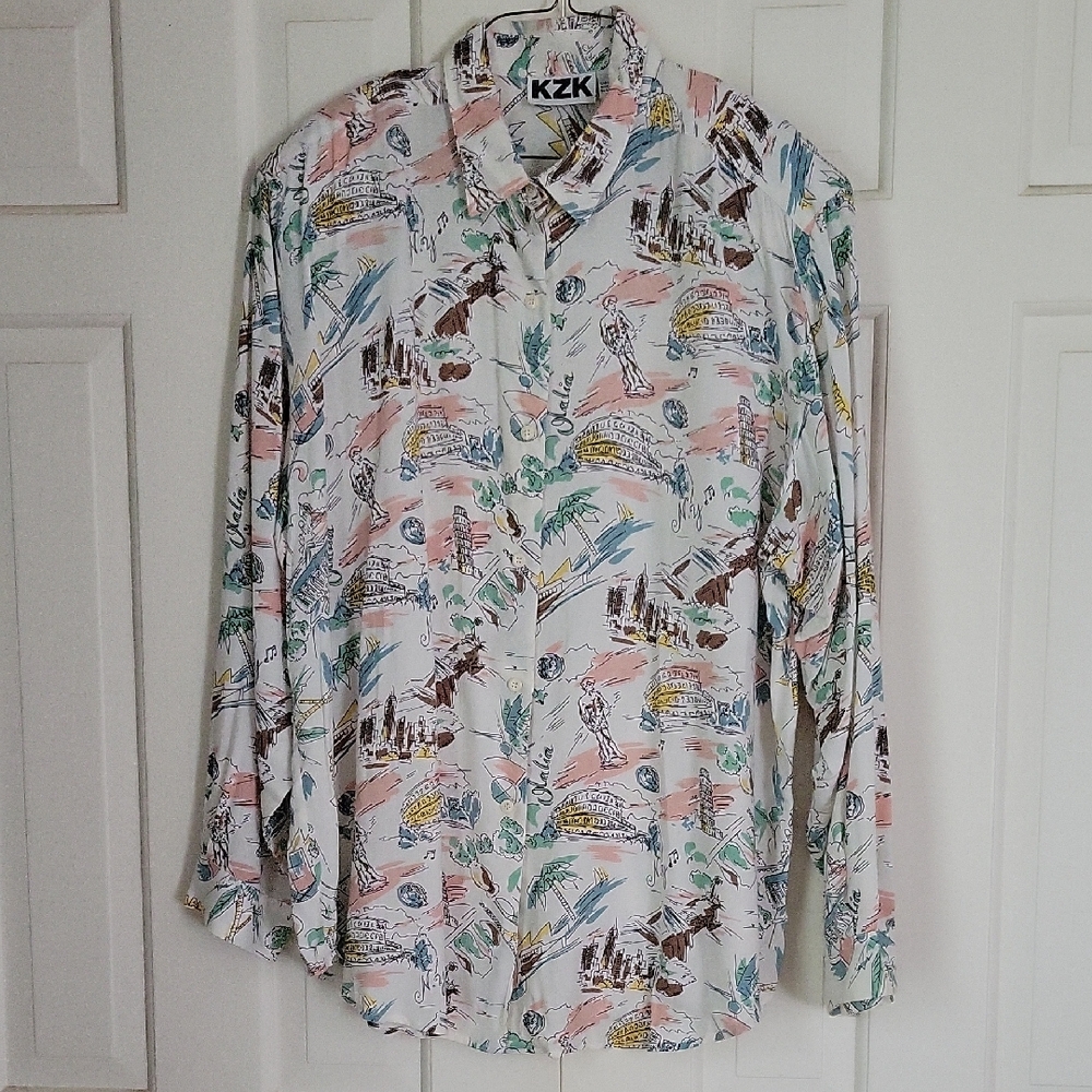 Vintage KZK Womens Long Sleeve Button Down Top All Over Print Sz L